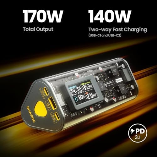 SHARGEEK 170 Power Bank, 140W PD3.1 Portable Charger 24,000mAh/ 86.4Wh High Capacity with Smart Display, 170W Total Output Battery Pack for Laptop MacBook Pro iPhone 17/16/15/ Galaxy S26 : Cell Phones & Accessories - Image 2