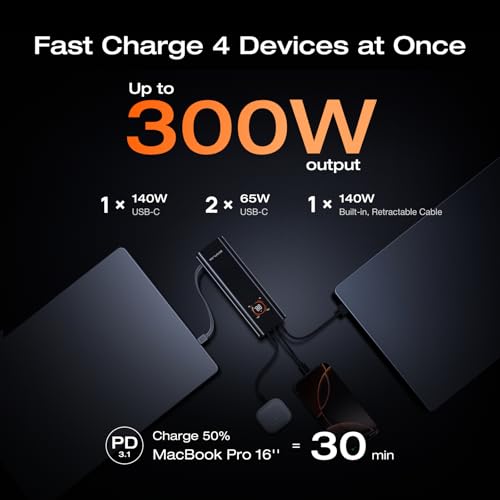 EF ECOFLOW Rapid Pro Power Bank (27650mAh, 300W Max Output, 140W Built-in Cable), 4-Port Portable Charger, TSA-Approved, Up to 320W Recharge, Compatible with MacBook, iPhone 17/16/15, Galaxy, Laptop : Cell Phones & Accessories - Image 2